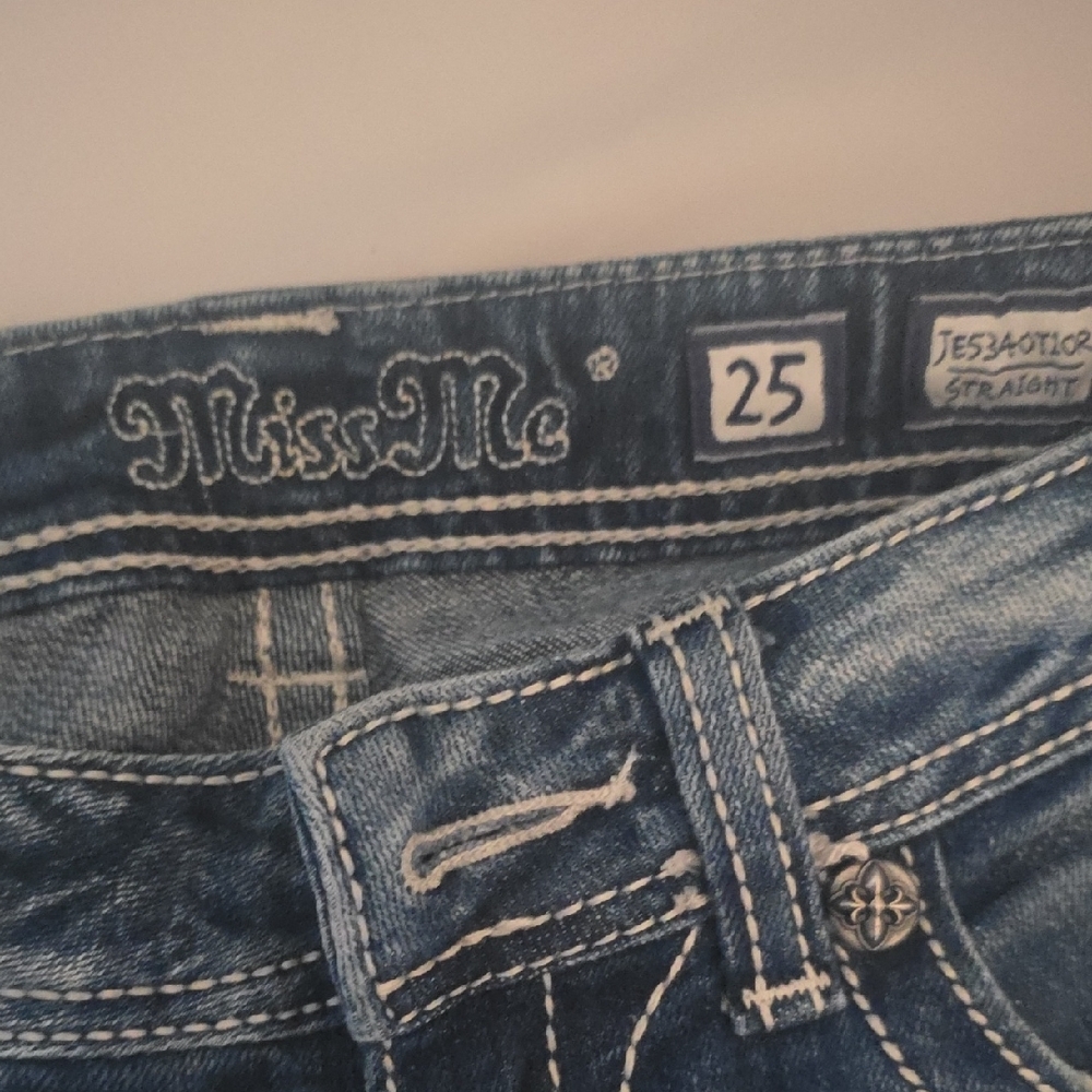 Miss Me Blue Straight Leg Jeans (Waistband Was Cut) 25"x29" Inseam - Picture 2 of 9